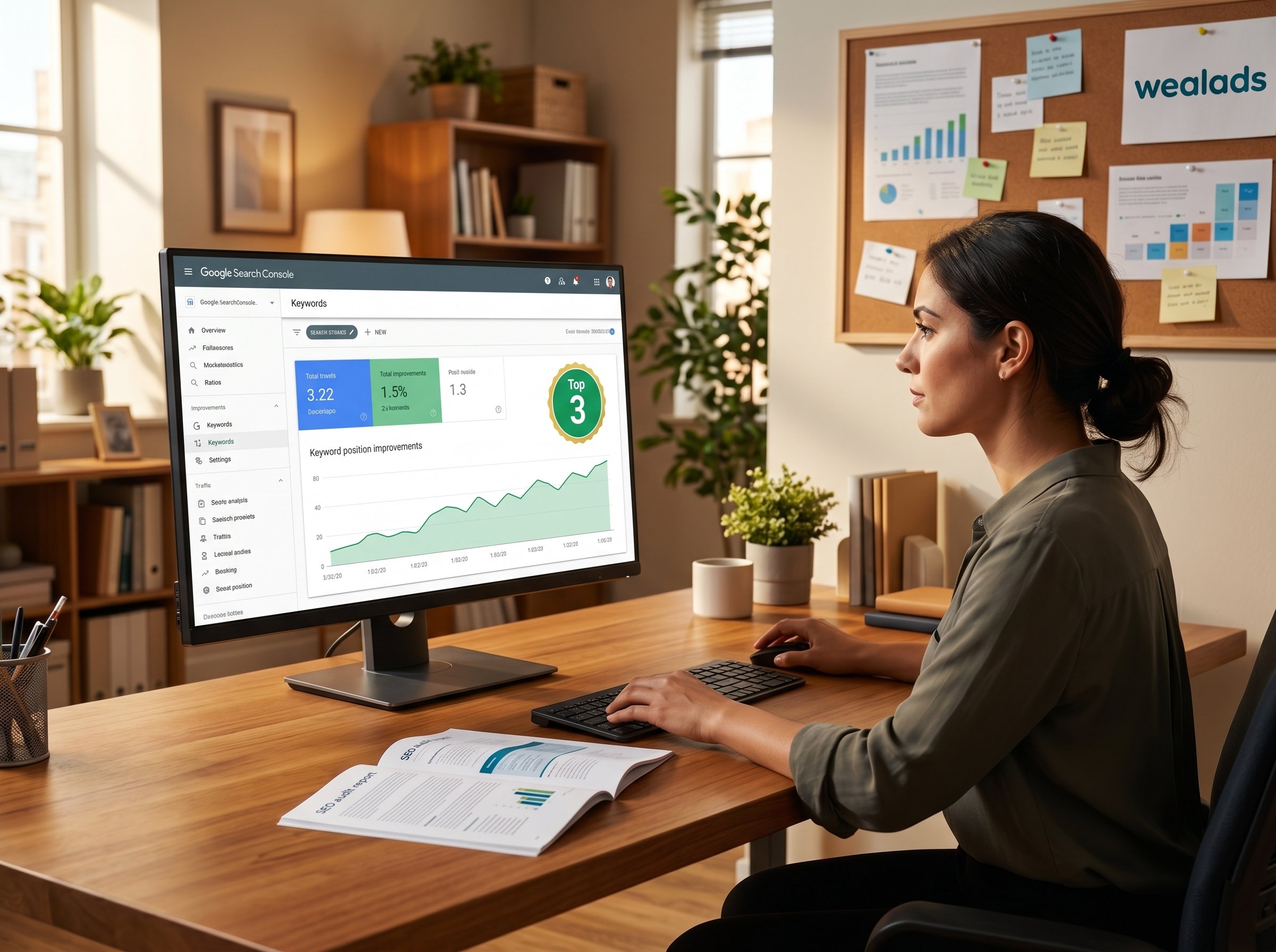 SEO professional reviewing organic search rankings and analytics